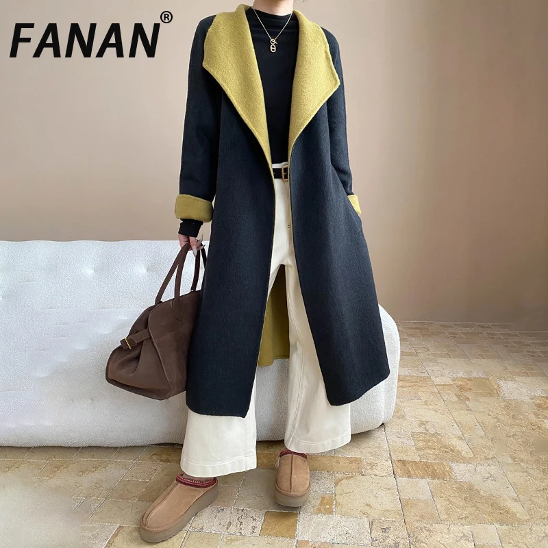 

FANAN Temperament Contrast Color Wool Coats For Women Lapel Belt Gathered Waist Long Outwear Office Lady Clothing Winter New