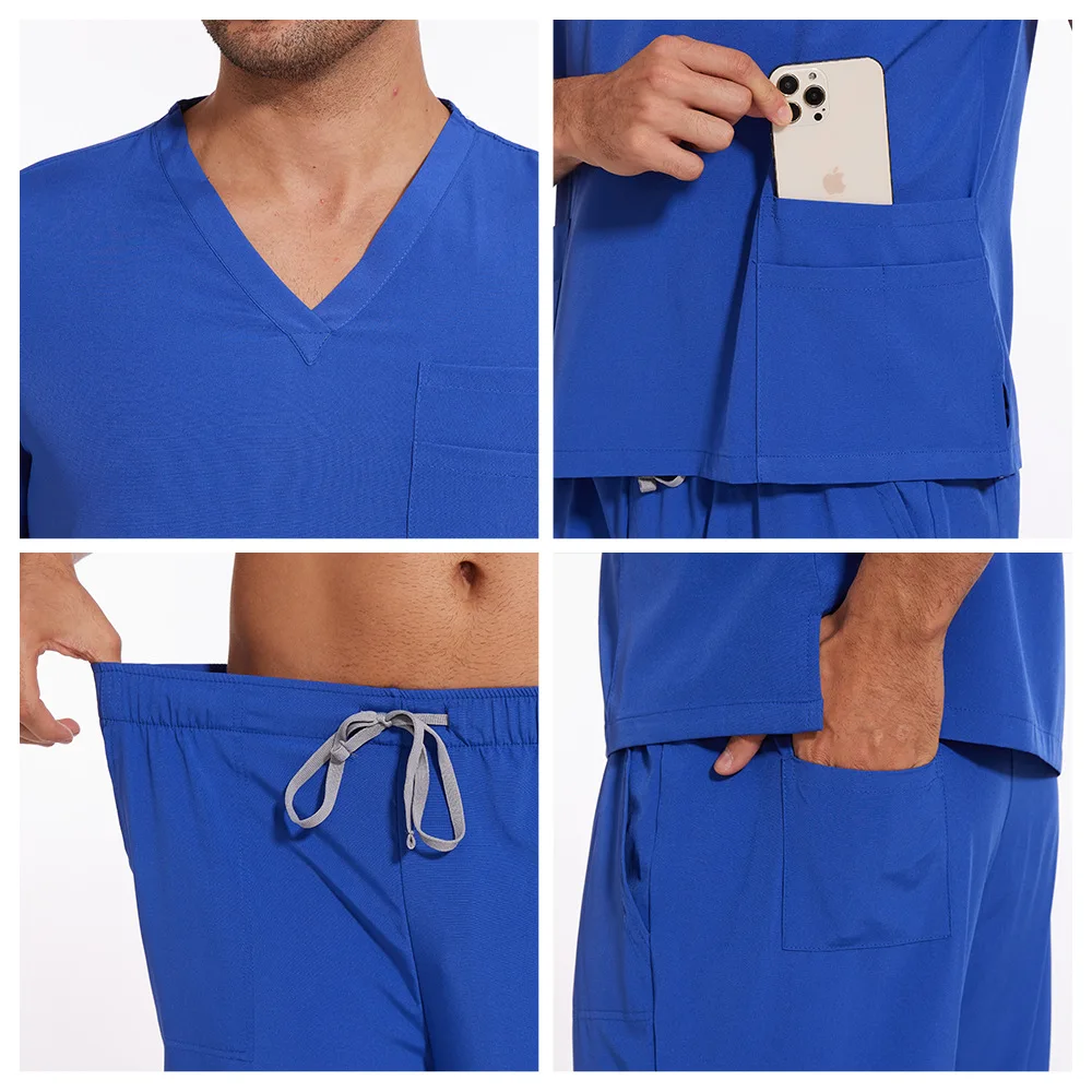 남성용 V넥 반팔 스크럽 간호사 스크럽 의료 수술복 세트 작업복 자수 가능 스크럽 슈트 맞춤 로고 포함