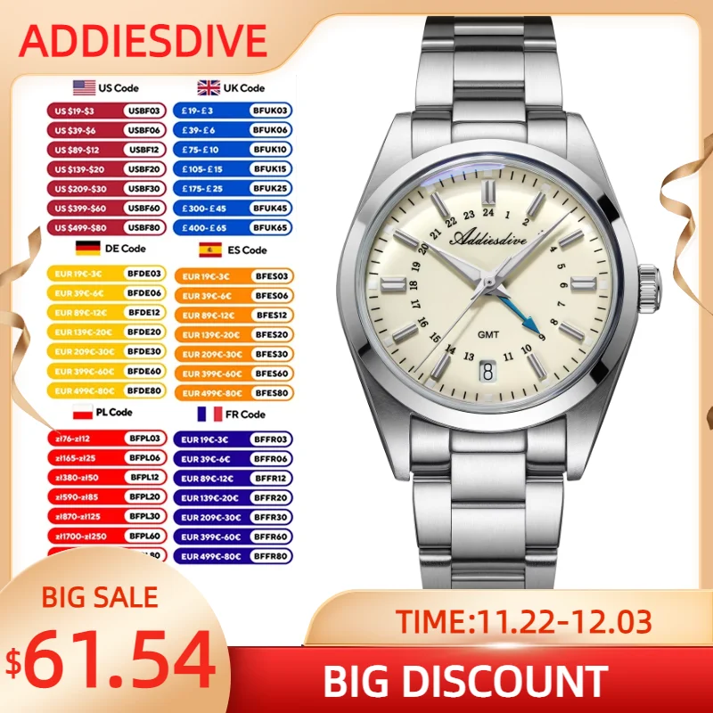 ADDIESDIVE 36mm AD2065 GMT Men's Watch Bubble Mirror Glass AR Coating Quartz Watches Stainless Steel 10Bar Waterproof Wristwatch