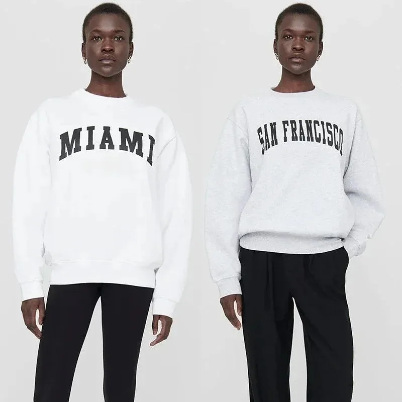 

New Simple English Alphabet Printing Classic Cotton Fleece Women's Crew Neck Hoodie Fashion Autumn and Winter Warm Top