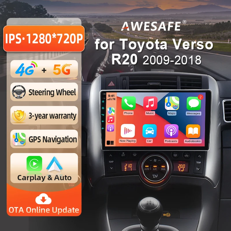 Autoradio Android AWESAFE 9 pouces pour Toyota Verso R20 2009-2018, CarPlay et Android Auto sans fil, navigation GPS, support multimédia, commande au volant, amplificateur de subwoofer, caméra arrière avec CAN-BUS, prise EU, Plug and Play, DAB+, autoradio numérique 2 DIN, autoradio stéréo BT