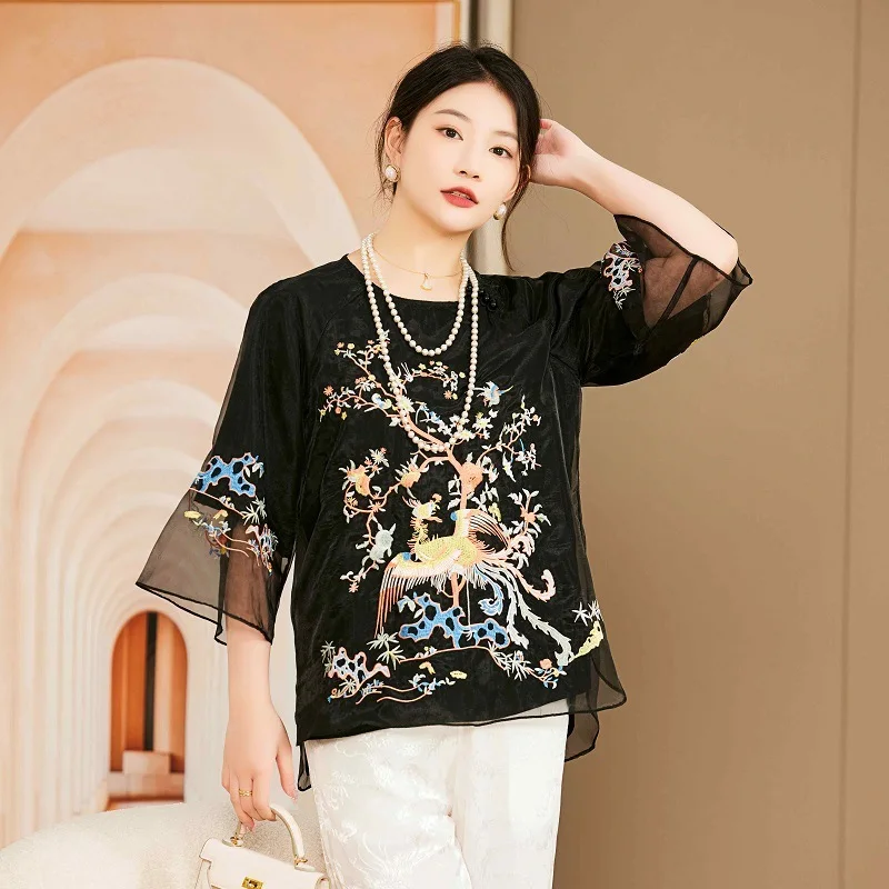 

High-end Spring and Summer Chinese Style Embroidery Blouse Shirt Women Fashion Elegant Loose lady Shirt Top S-XXL