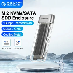 ORICO M.2 SSD Case NVME SATA SSD Enclosure Tool Free 10Gbps M.2 to USB Type C Transparent External Adapter Portable