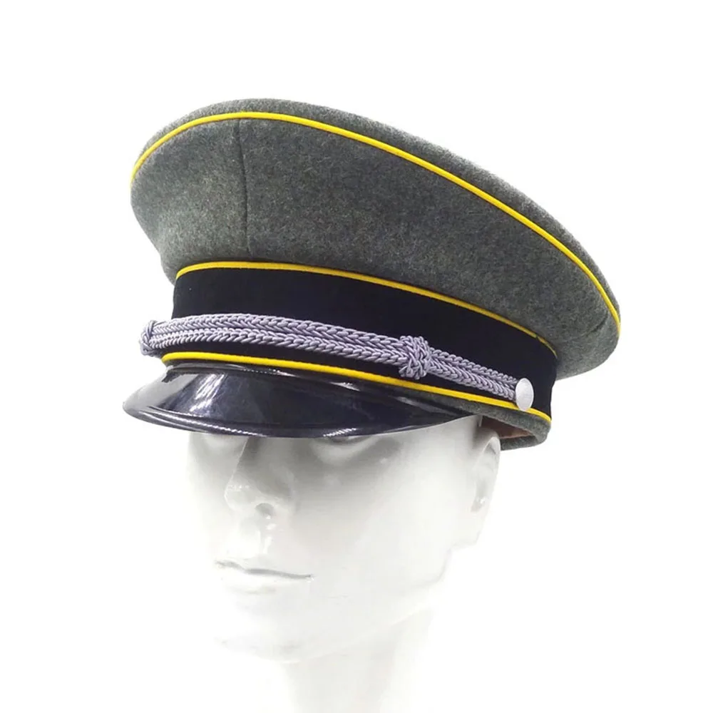 WWII WW2 German Elite Officer Cap Yellow Brim Wool Visor Hat Silver Chin Cord