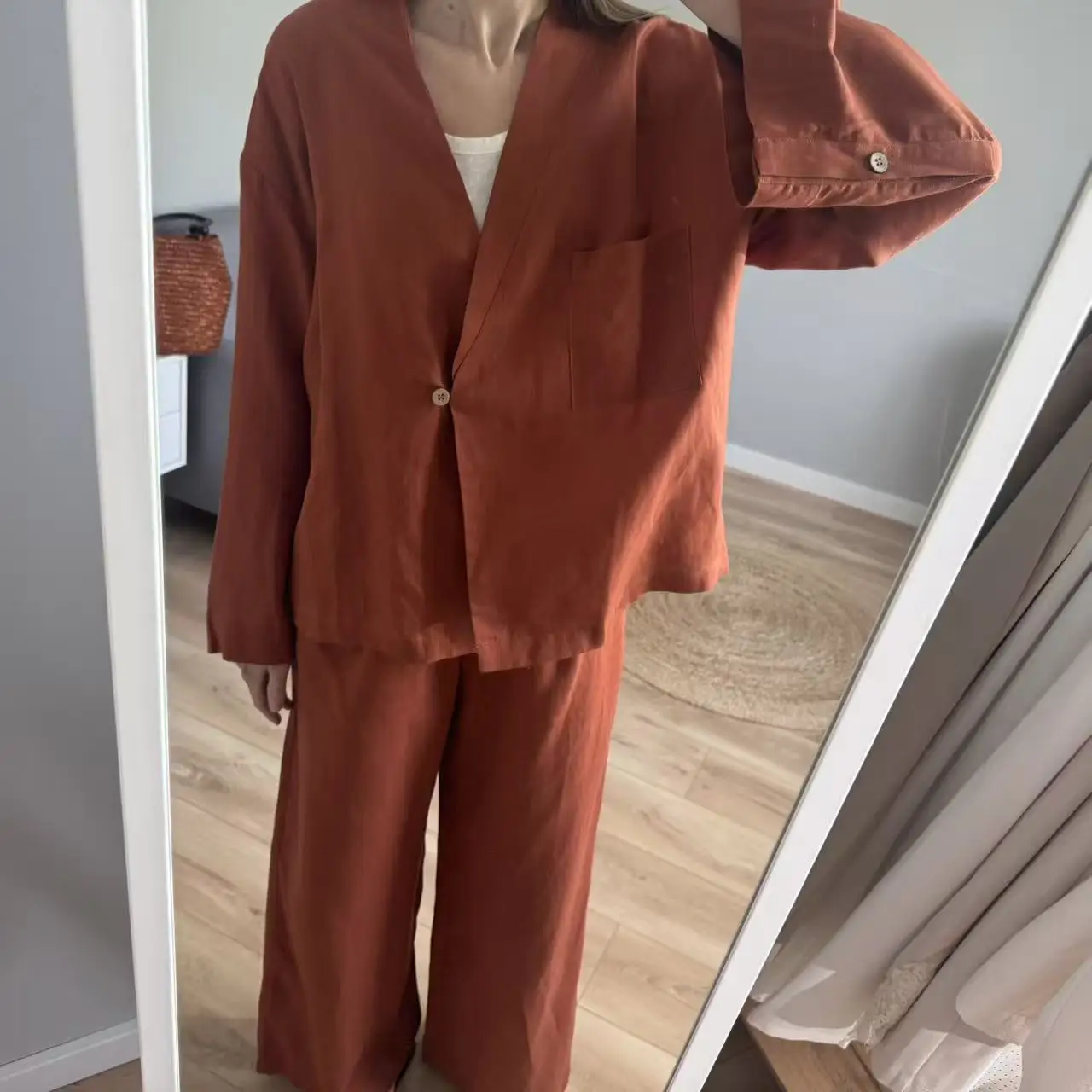 Women's Linen Two-Piece Set: Kimono Wrap Top & Wide-Leg Pants