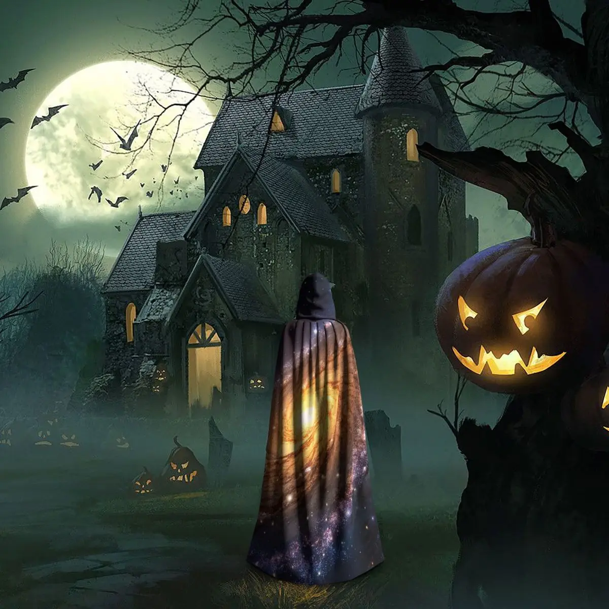غالاكسي الكون الكواكب عباءة طويلة مقنعين الساحرة القرون الوسطى زي تأثيري كيب HalloweenParty الكبار للجنسين