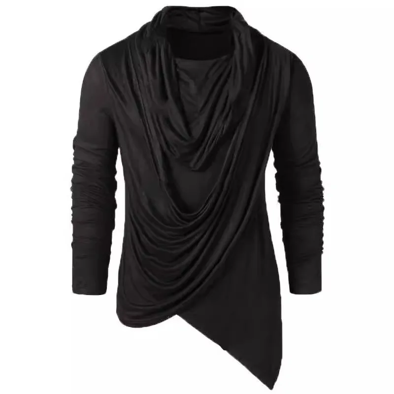 Fashion Casual Tops New Men Pile Collar Design Ruffle Edge T-shirts Male City Walk Solid All-match Long Sleeved Camiseta