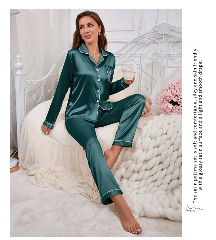 Frauen Hause Kleidung Satin Pyjama Herbst Langarm Tasche Herz-förmigen Stickerei Tops & Hosen Pyjama Femme Loungewear Pj set – Detail 14