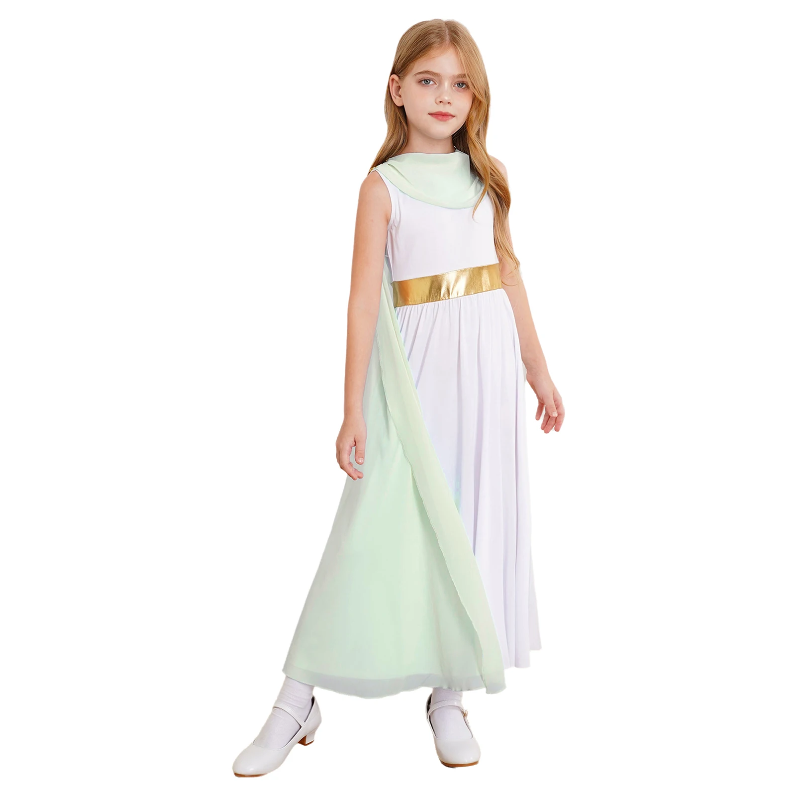 Disfraz de princesa griega romana de Toga griega antigua para niñas, vestido elegante para niños, vestido de actuación en escenario con capa de tul