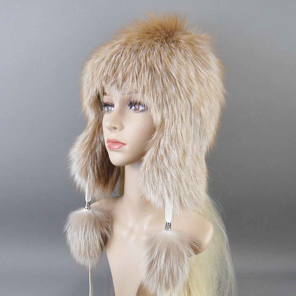 الفاخرة النساء الطبيعية الثعلب الفراء قبعة الفراء الحقيقي بيني قبعة قبعات منسوجة العلامة التجارية الروسية موضة شتاء دافئ سيدة قبعة الفضة الثعلب الفراء قبعة