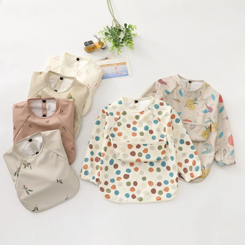 Baby Bib Long Sleeved Children\'s Smocked Clothing with Crumb Catcher Unisex Toddler Waterproof Baby Smock Apron Bib with Pocket