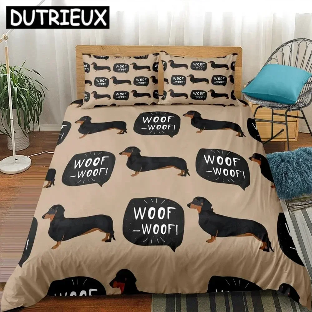 Cartoon Pet Dachshund Sausage Dog Comfortable Duvet Quilt Cover Pillowcase Bedding Set Children Bedroom Decoration Home Textile