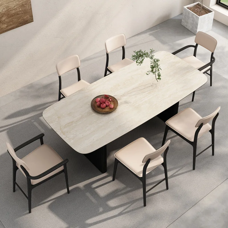 

Nordic simple travertine rock slab dining table wabi modern French retro restaurant home Internet celebrity designer dining tabl