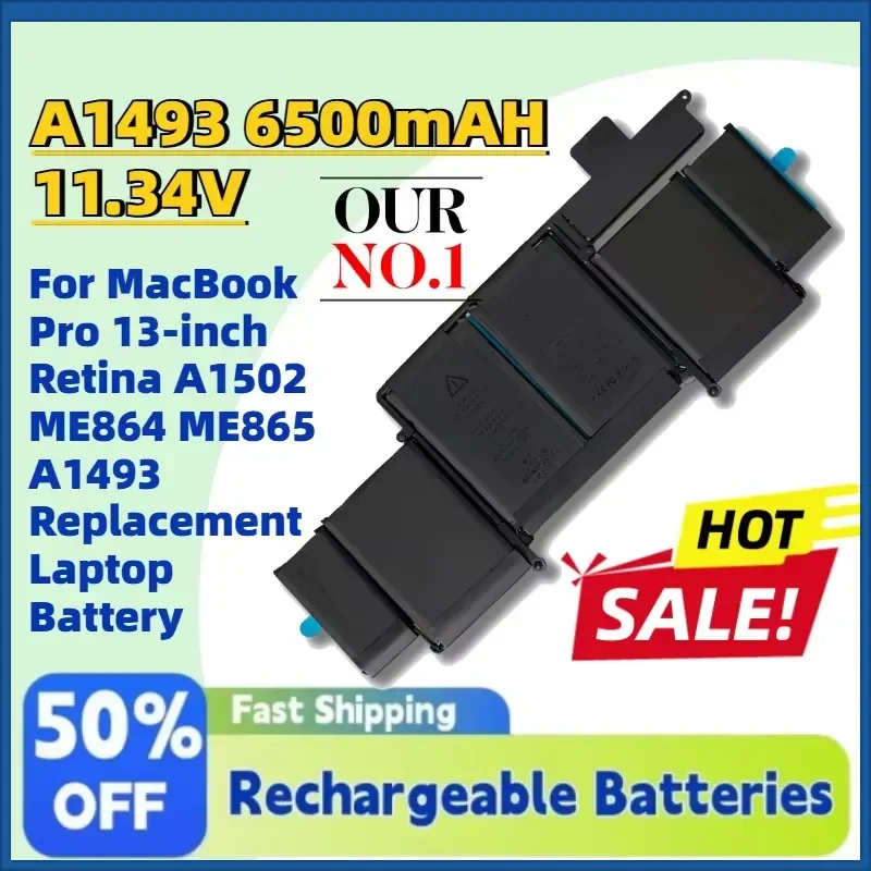 

High-Quality New A1493 6500mAH 11.34V Battery for MacBook Pro 13-inch Retina A1502 ME864 ME865 A1493 Replacement Laptop