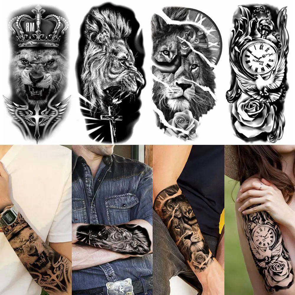 for Women Men Large Tribal Lion Warrior Tiger Wolf Temporary Tattoos Tattoo Sleeve Black Tattoo Sticker Fake Tattoo Stickers