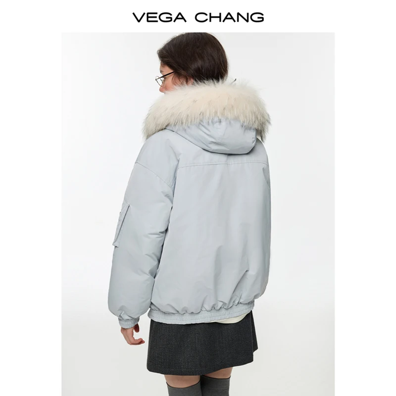 سترة نسائية شتوية جديدة من Vega Chang بياقة من فراء الراكون المخملي #2