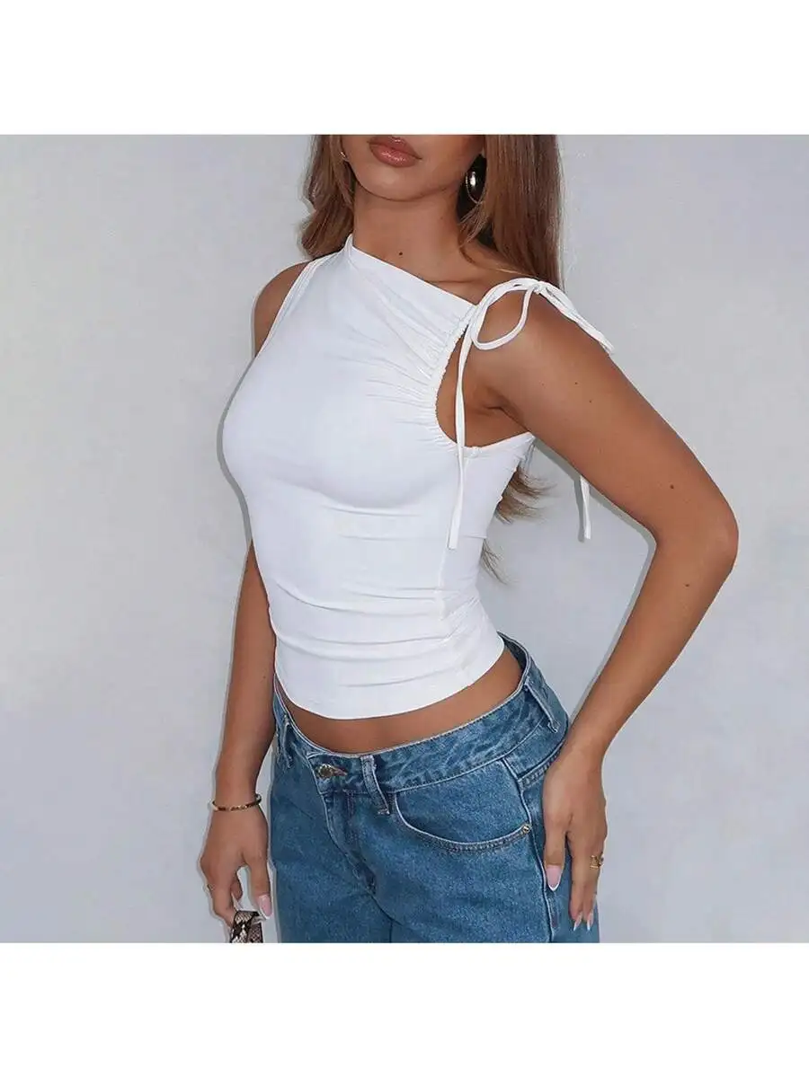 

Asymmetrical Neck Drawstring Sleeveless Ruched Crop Top For Women