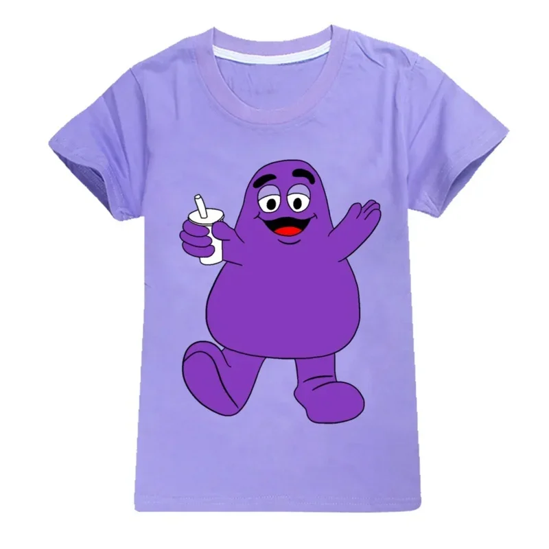 Grimace Shake เสื้อยืดเด็กสาวการ์ตูนผ้าฝ้าย Tees อะนิเมะฤดูร้อนธีมวันเกิดเสื้อผ้า O-คอแขนสั้นของขวัญ