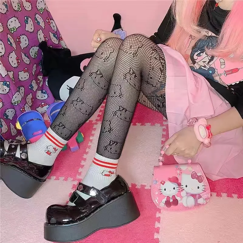 Women Goth Punk Cute Black Mesh Tights Lolita Skull Pattern Fishnet  Jacquard Harajuku Stockings Pantygose Leggings Halloween