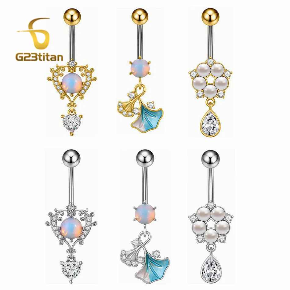 Zirconi ipoallergenici chirurgici Anello per ombelico Pietra opale Perla appesa G23 Titanio Bilanciere Piercing 14G Gioielli per ombelico