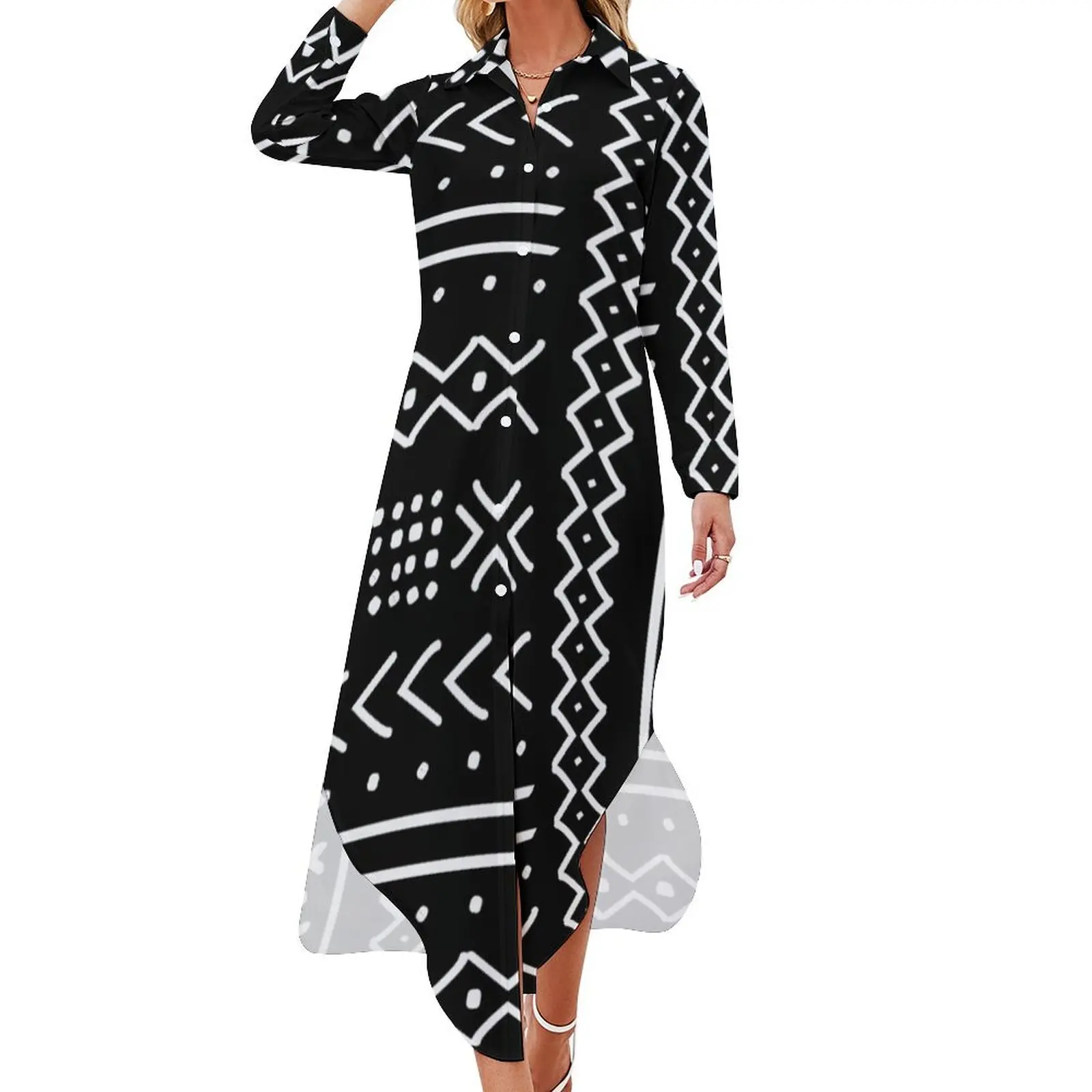 

Hand drawn mudcloth Long Sleeved Shirt Dress summer dress women 2024 elegant party dresses for women 2024 women party dresses
