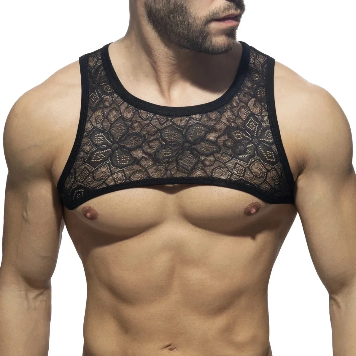 Men Sissy Sexy See Through Mesh Sheer Lingerie Cropped Top Nightwear Sexy Vest Floral Lace Muscle Fitted Vest Crop Top Sleepwear