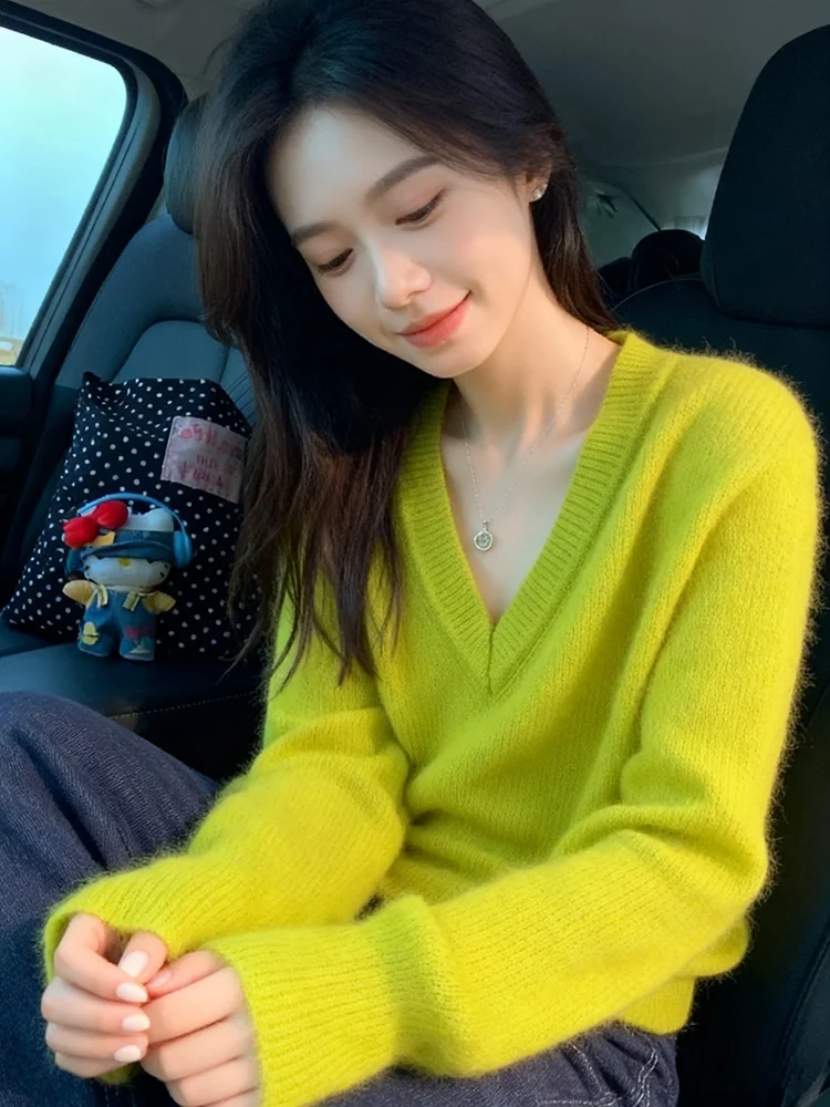 Ultra-Soft een Fluorescent Women's Knitted Sweater Autumn Winter Inner Wear Korean Sle Loose Fit V-Ne Long Sve Top