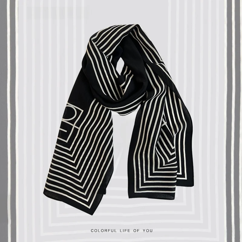 エレガントなシルクダブルガーゼスカーフ女性の多機能装飾バッグ結びシルクスカーフシンプルライン春秋ロング長方形