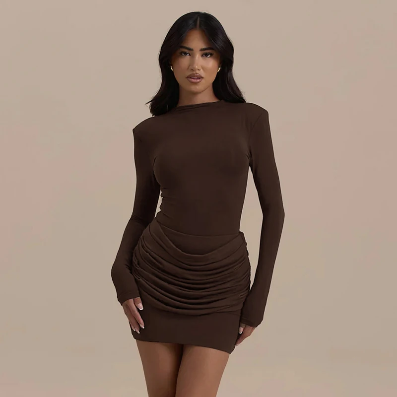 CUTENOVA Women'S Fall New Arrival Elegant Solid-Color Crew Neck Long-Sleeve Gathered Waist Bodycon Mini Dress Elegant Chic Dress