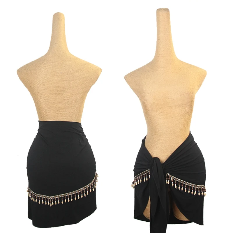 New Latin Dance Clothing Women Black Tassel Hip Scarf Black Sexy Short Skirt Adult Rumba Cha Cha Dance Practice Wear DNV22436