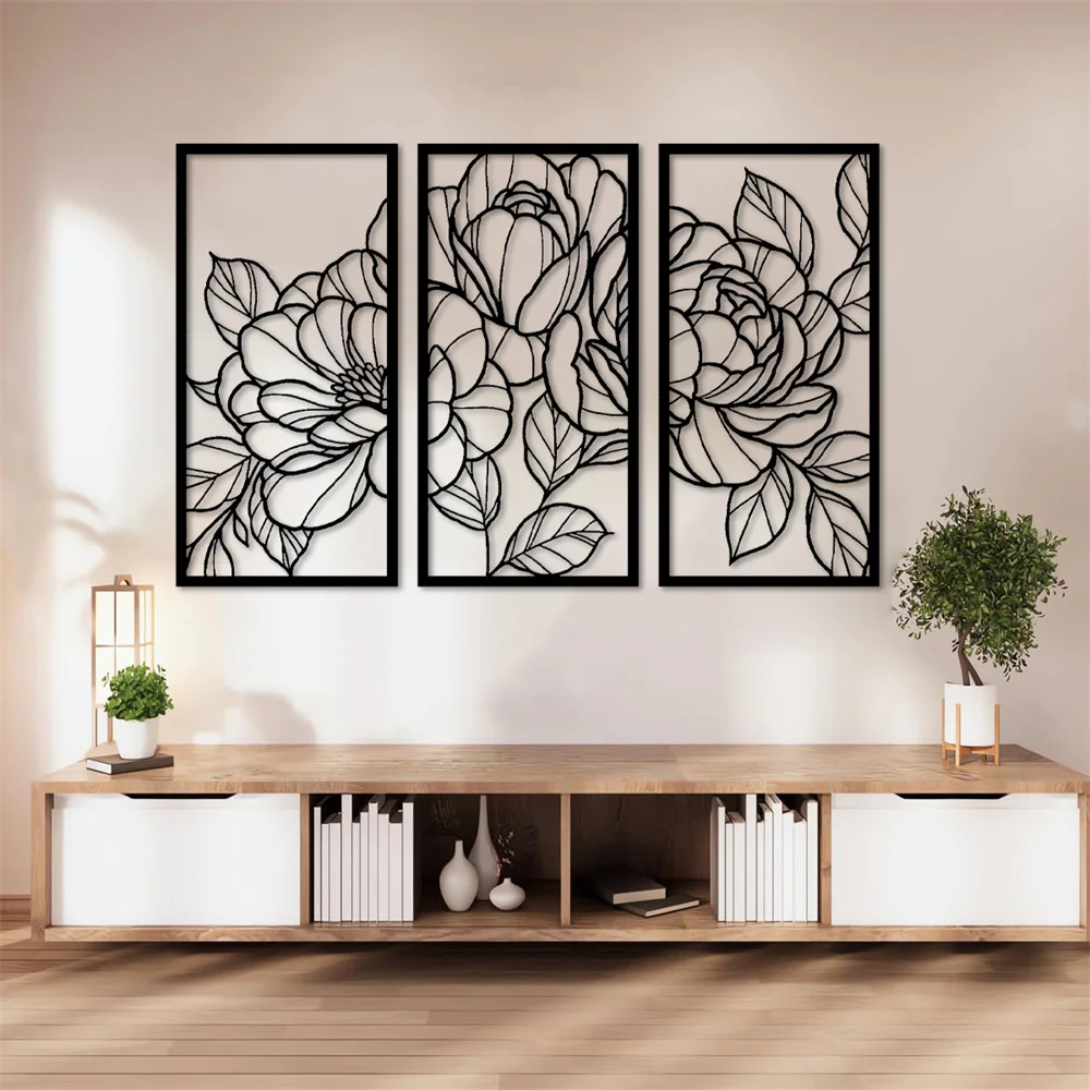 3 Panel Floral Poppy Flowers Metal Wall Art Decor Matte Black Wall Hanging Decor for Home Bedroom Living Room Wall Decoration