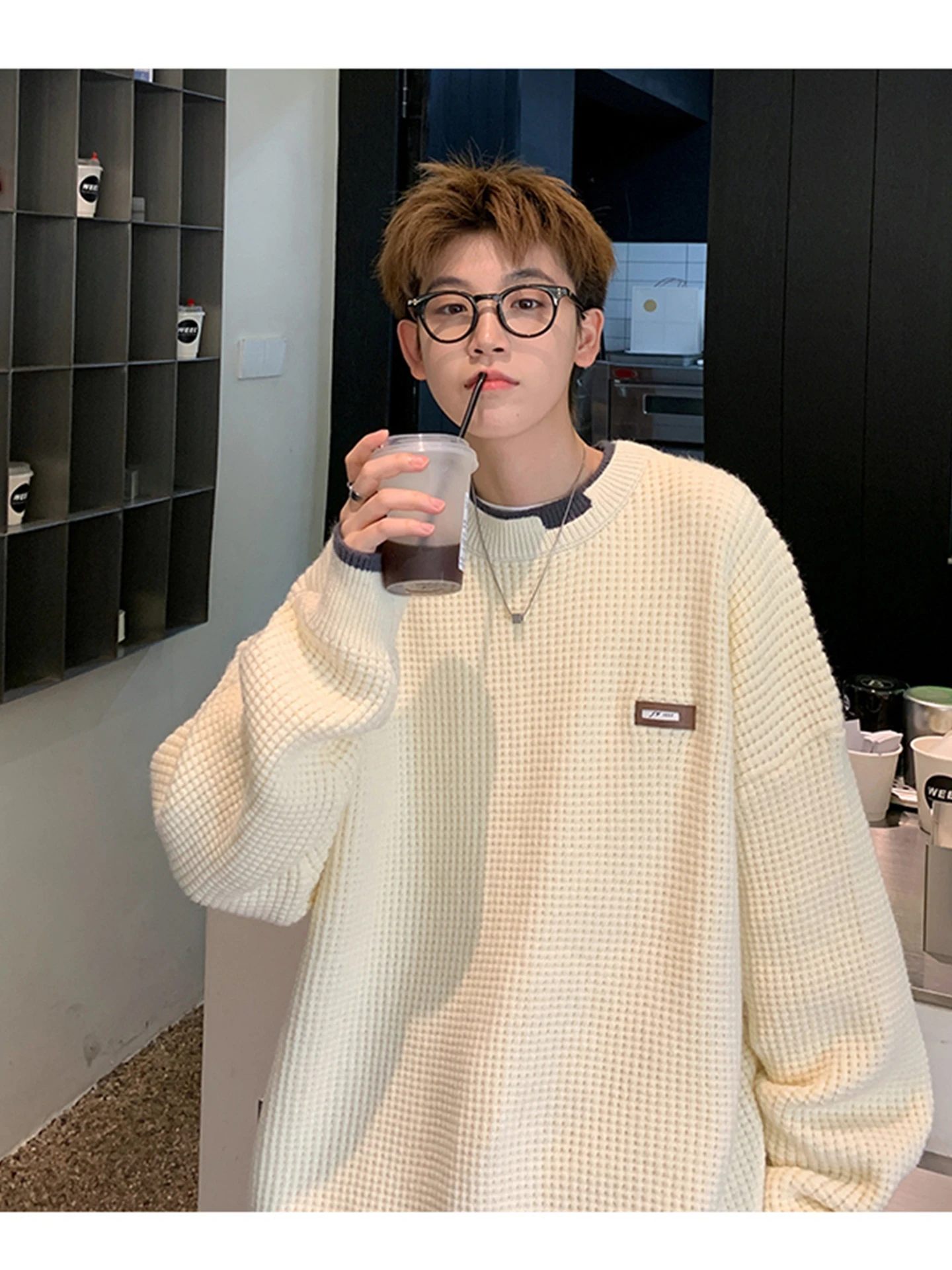 

Свободный крой, мужской круглый трикотаж с принтом Ne, свитер с базовым слоем Lazy Sle, удобный оверсайз, высококачественный длинный свеч S...