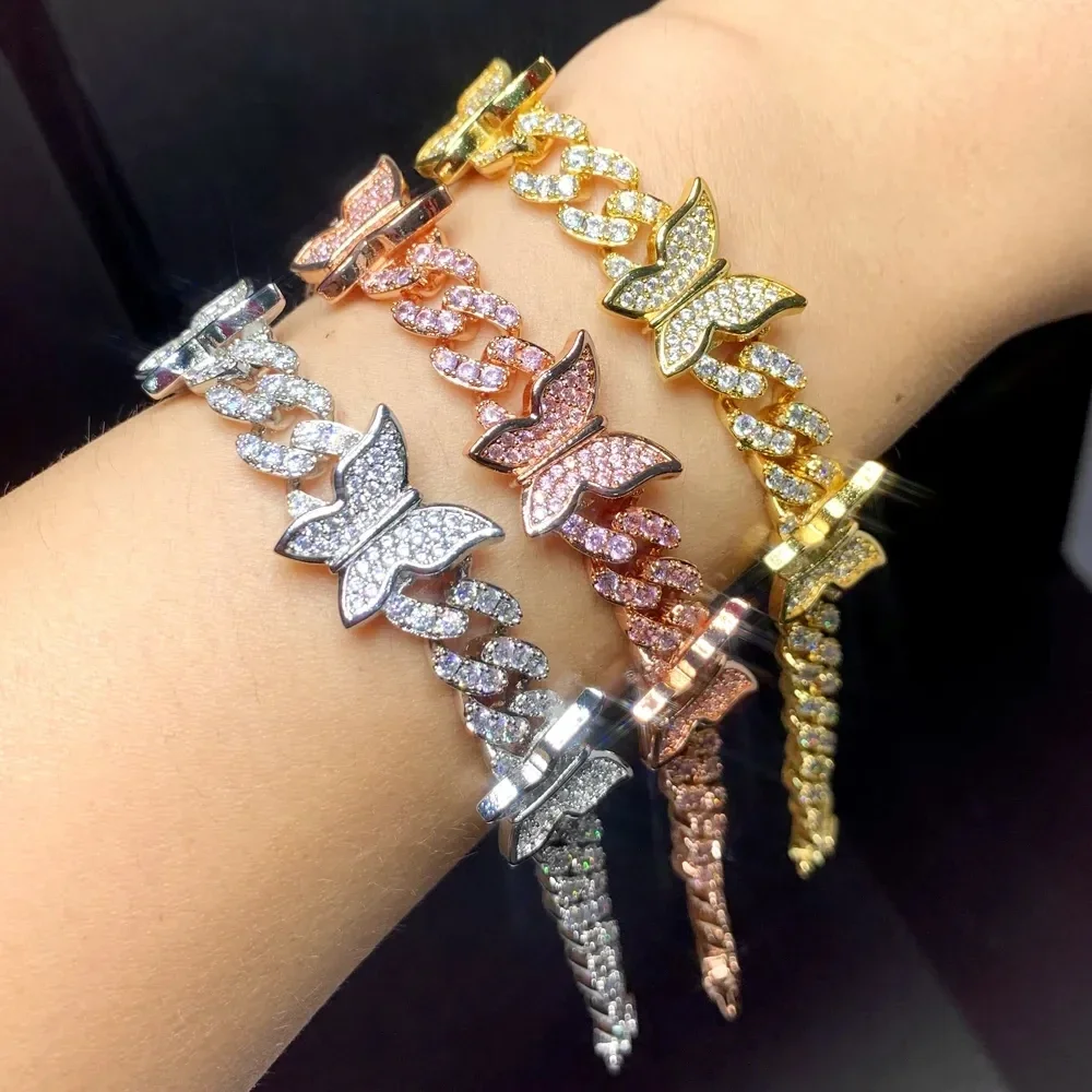 Wholesale Hip Hop Iced Out Bling 5A Zircon Butterfly Charm Bracelet For Women New Fashion Miami Cuban Link Chain Wedding Jewelry