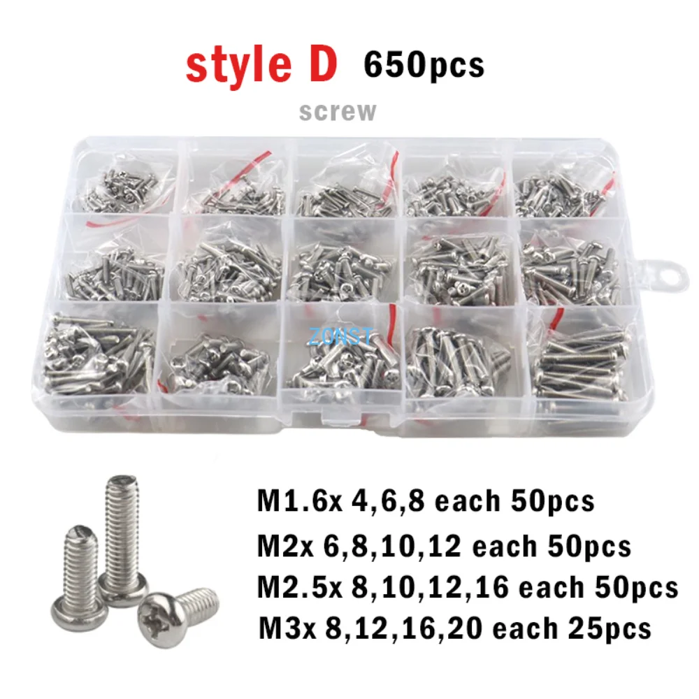 400/2100pcs M1.6 M2 M2.5 M3 M4 M5 Cross Phillips Pan Round Head Screw 304 Stainless Steel Electronic switch Bolt Set Kit Box