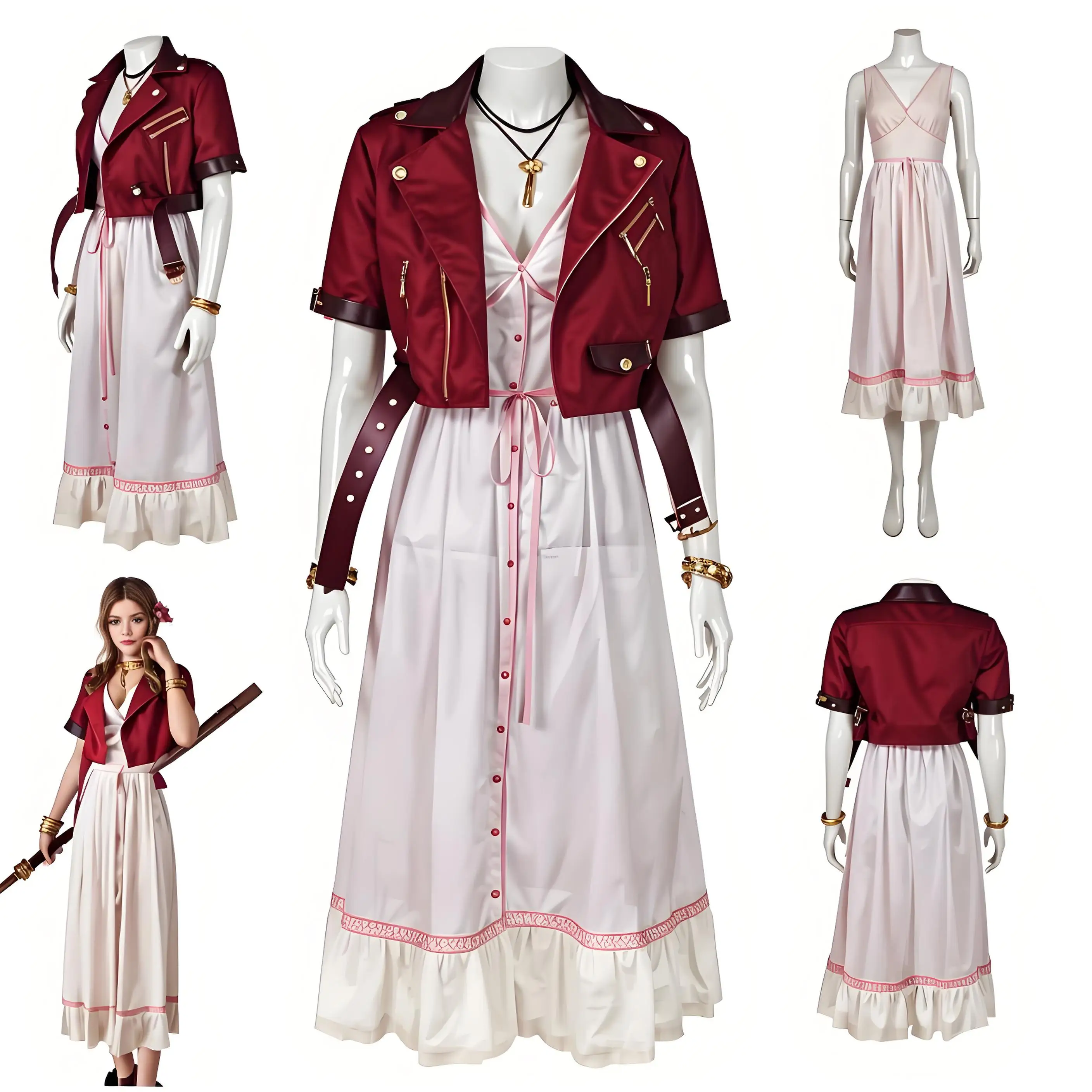 

Game Final Fantasy VII Cosplay Costume FF7 Remake Aerith Gainsborough Women Pink Dress Coat Full Set Halloween Party Clothing