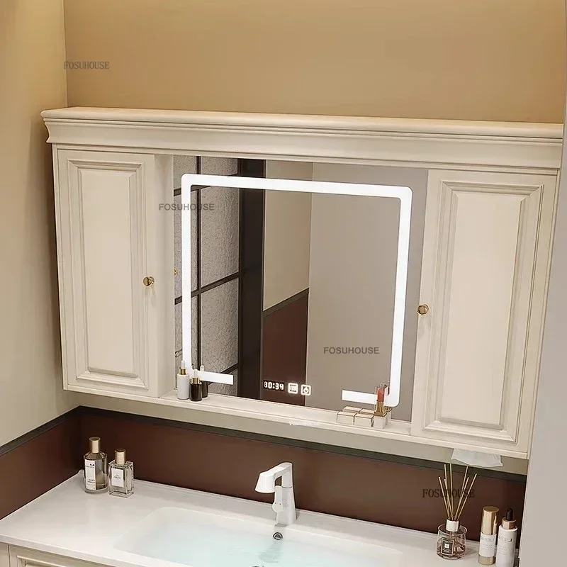 Push-pull Hidden Smart Bathroom Cabinets European Home Furniture Luxury Retro Mirror Cabinet Wall-mounted Storage Makeup Mirror