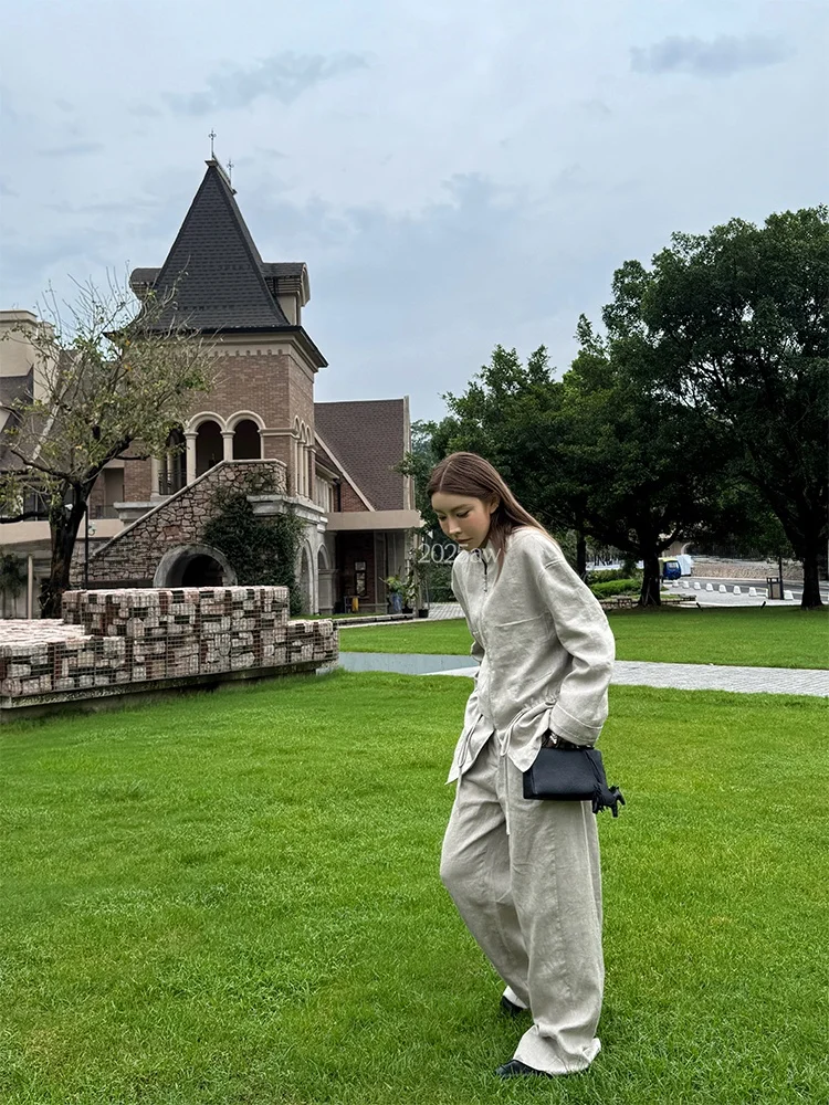 

Early Autumn New Style Women's Linen Jacket with Drawstring Loose Fit Zipper Stand Collar Slimming Effect Outdoor Wear