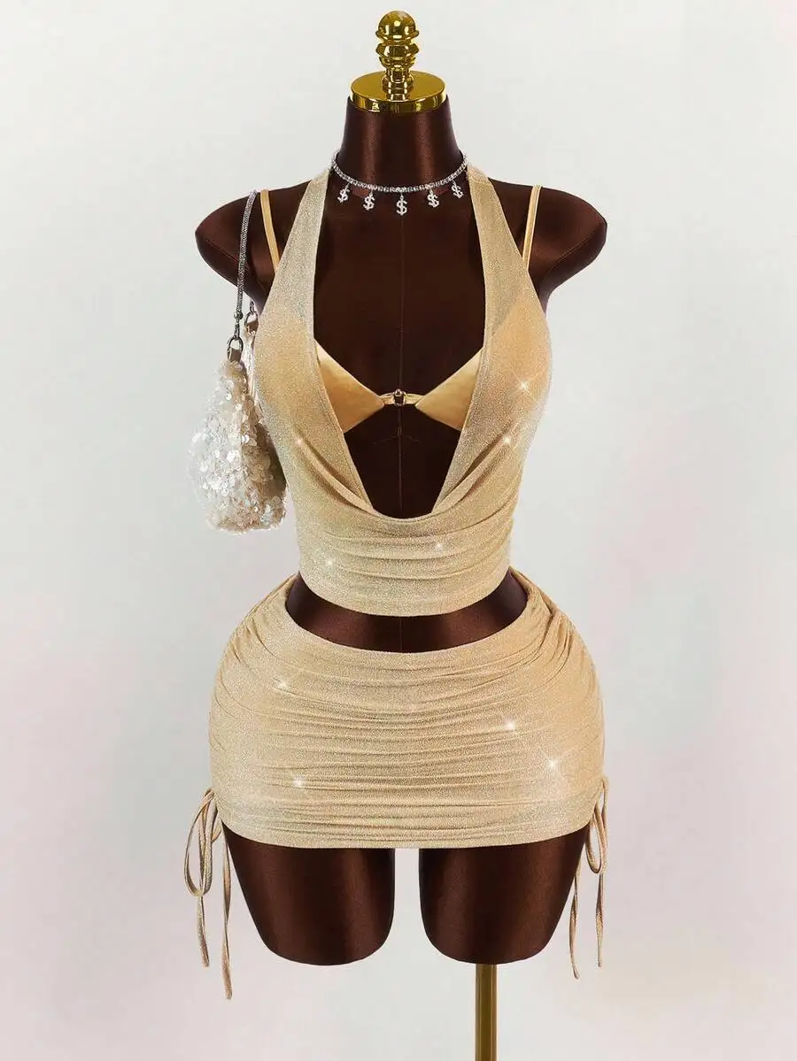 

Shiny Gold Two-Piece Set: Draped Halter Crop Top & Drawstring Mini Skirt