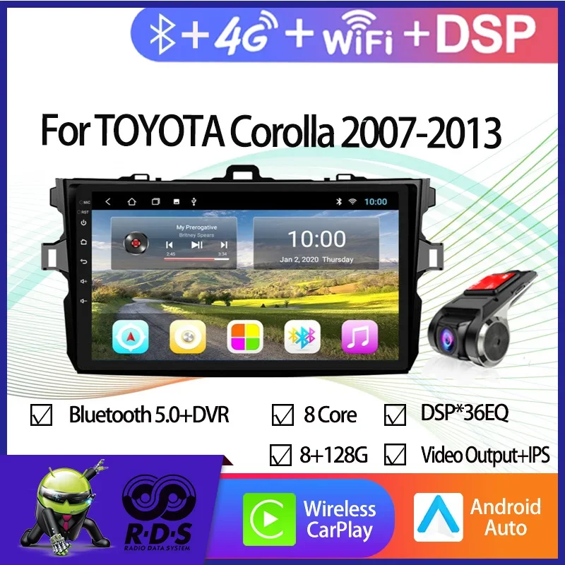 Car Radio Player Android 6G+128G For TOYOTA Corolla 2007-2013 Car GPS Navigation With Wifi 4G AHD DSP BT CARPLAY