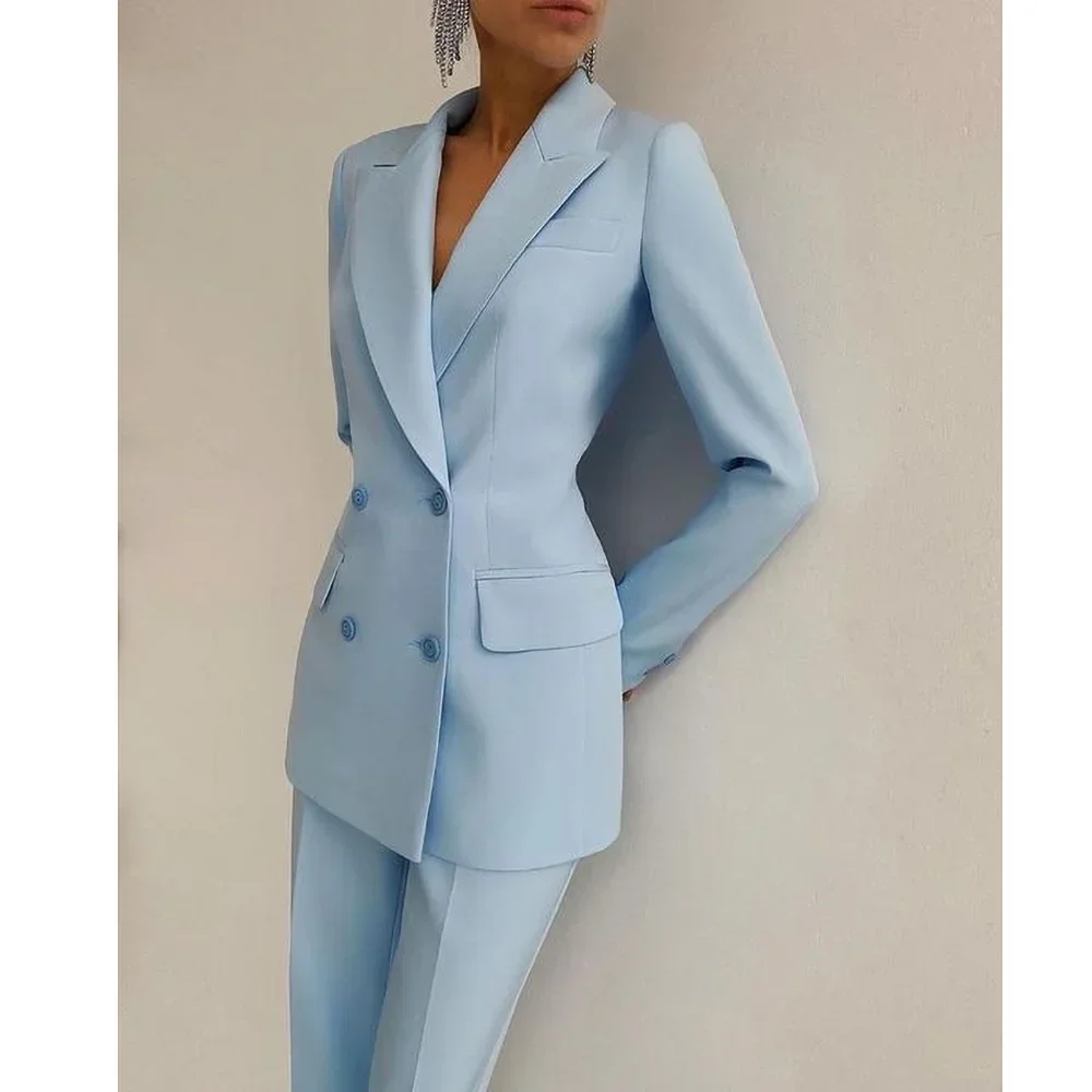 Sky Blue Woman Suits 2 Piece High-end Peak Lapel Double Breasted Outfits Casual Office Lady Pants Sets Blazer with Pencil Pants