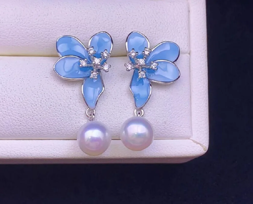 Elegant Pair of 8-9mm South Sea Roun White Pearl Dangle Earring 925s
