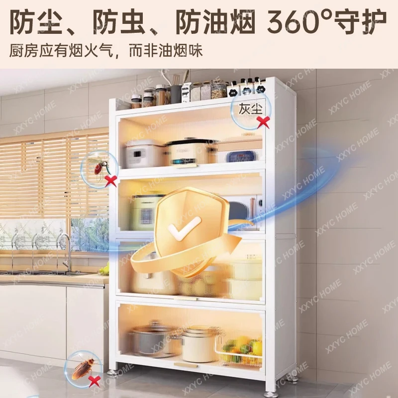 Kitchen Rack Microwave Oven Pot Floor Storage Cabinet Household Multi-layer Door Dust Locker