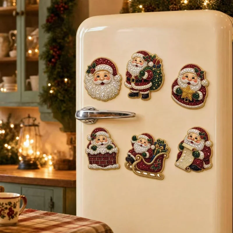 6PCS Christmas Diamond Art Magnets Kits Diamond Painting Snowman Santa Claus Refrigerator Stickers DIY Craft Home Decorations