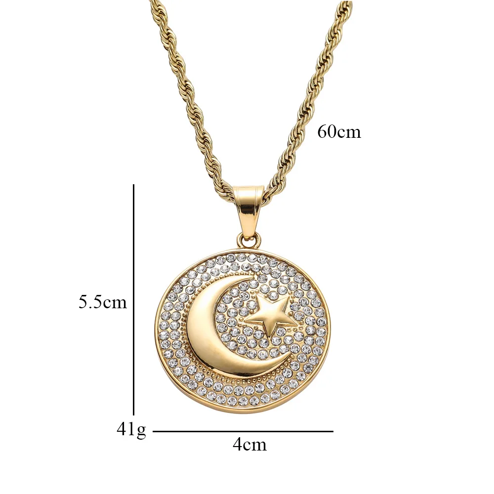 Exquisite Zircon Islamic Muslim Star and Moon Round Pendant Necklace for Men and Women Religious Amulet Jewelry image 2