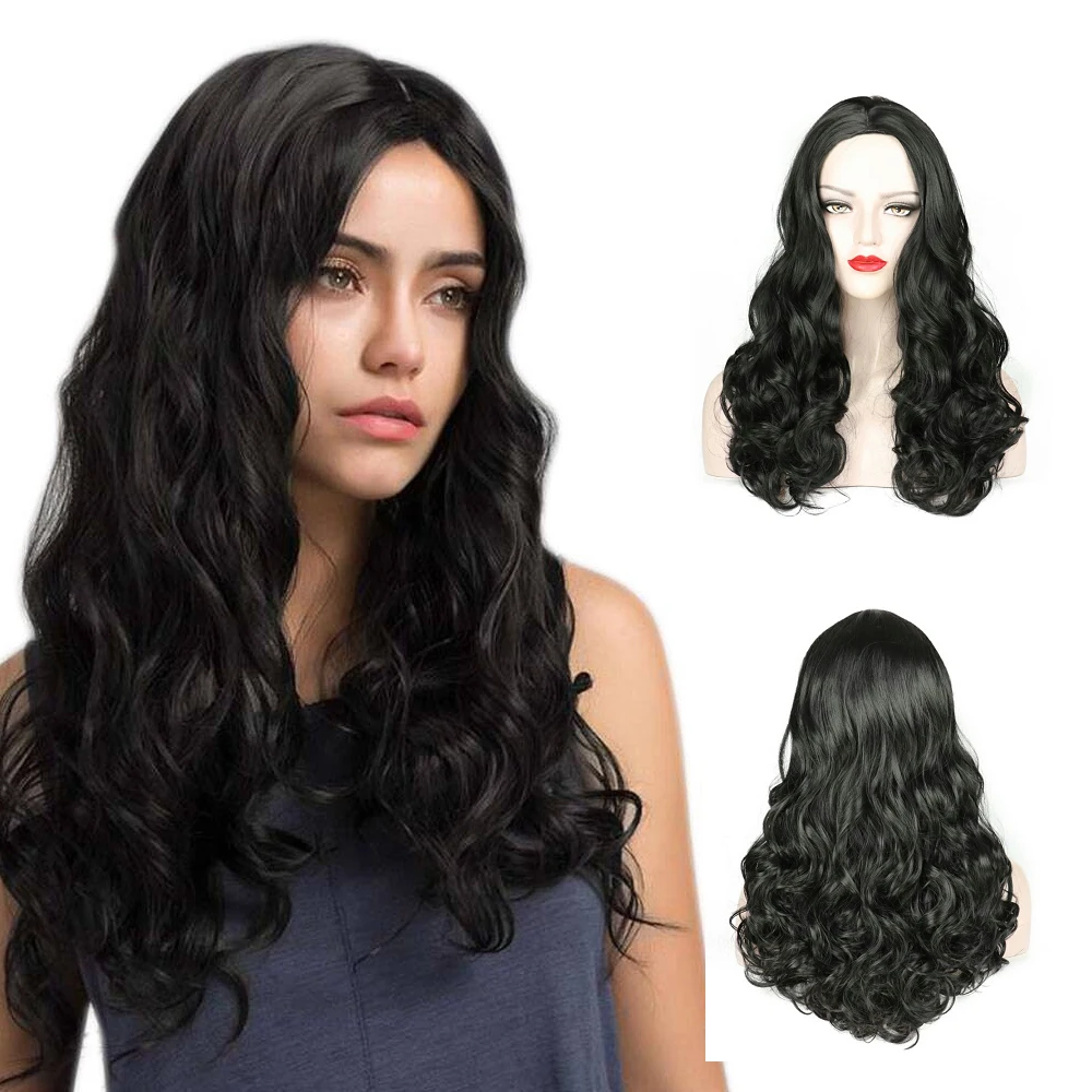 1 buah 28 inci panjang keriting air riak gelombang sintetis serat wig Asia hitam tahan panas rambut ikat kepala cosplay wanita harian wig