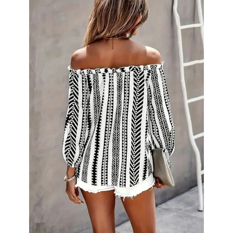 Plus ขนาด 1XL-5XL ผู้หญิงแขนยาวเซ็กซี่ Slash คอเสื้อ Casual Lacing Up พิมพ์เสื้อ Elegant หญิง Backless เสื้อหลวม
