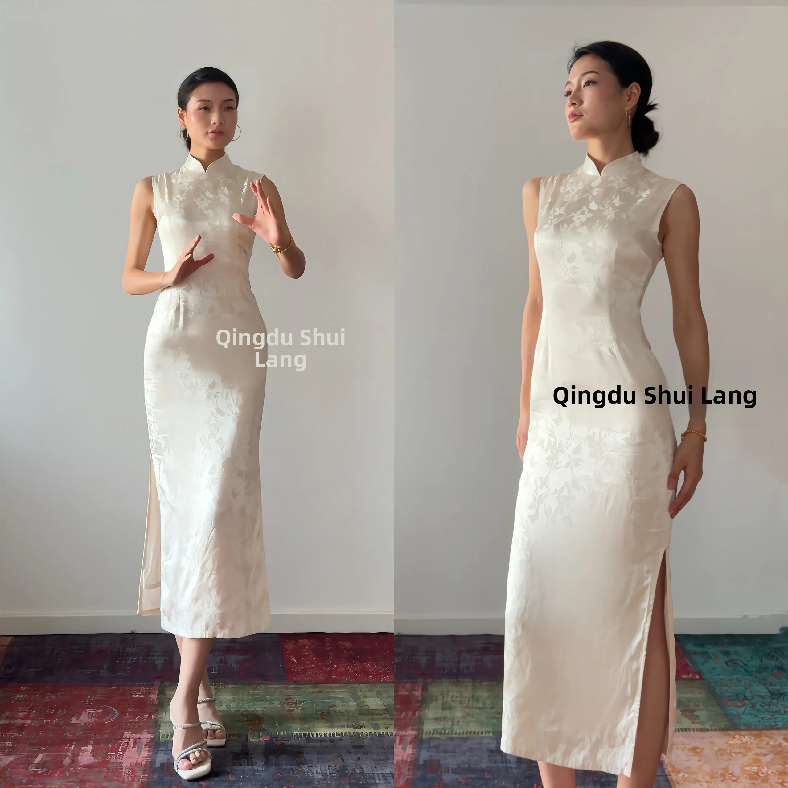 

Qingdu u Lang белый атласный китайский длинный халат с флагом доктора, домашний женский винтажный однотонный повседневный халат