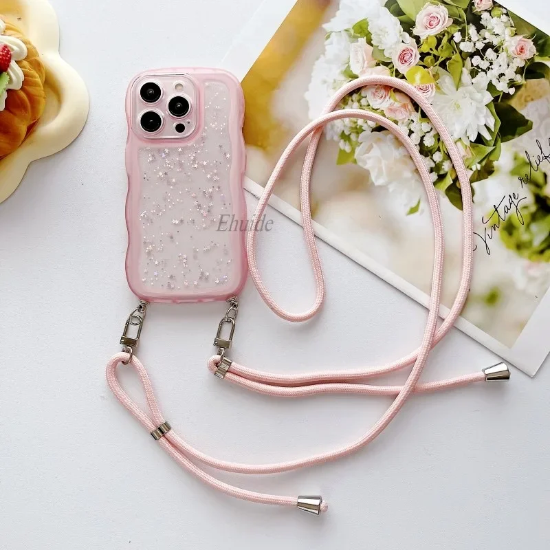 Coque à sangle réglable pour Samsung Galaxy A55 A15 A25 A35 A54 A34 A14 A24 A53 S24 Ultra Star Glitter Crossbody Lanyard Neck Cover