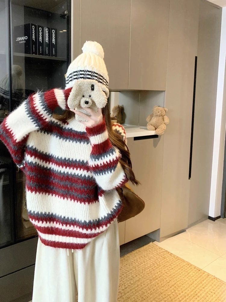 

Ретро-корейский полосатый вязаный свитер для женщин, свободный пуловер с круглым вырезом, теплый, мягкий, утолщенный, с длинными рукавами, осенне-зимний