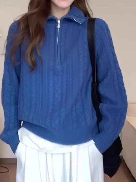 

Американский стиль: Свободный вязаный базовый джемпер для женщин на осень-зиму с молнией, повседневный, с отложным воротником, модный, из мягкого волокна